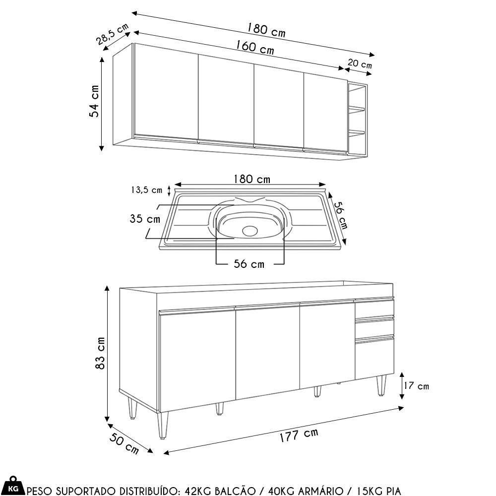 Armário De Cozinha Nevada E Balcão Gabinete 180cm Com Pia Dallas Cinza Claro - Lumil - 4
