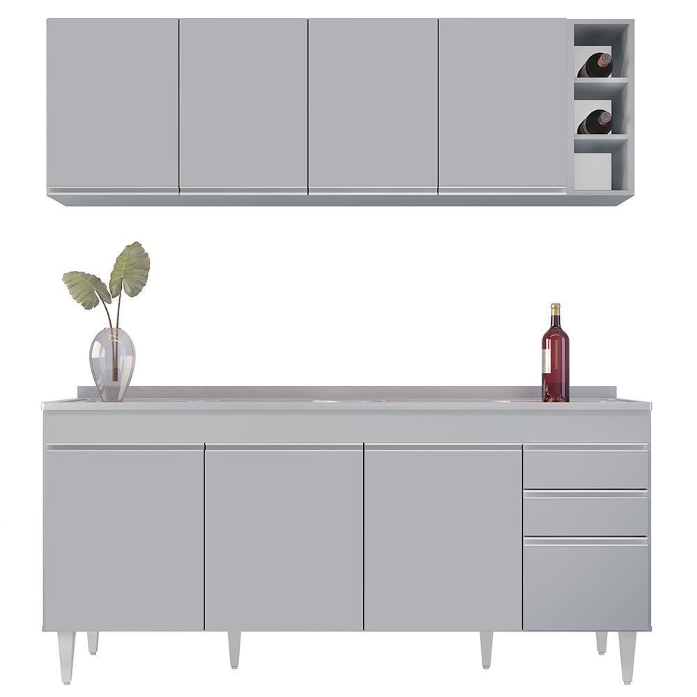 Armário De Cozinha Nevada E Balcão Gabinete 180cm Com Pia Dallas Cinza Claro - Lumil - 6