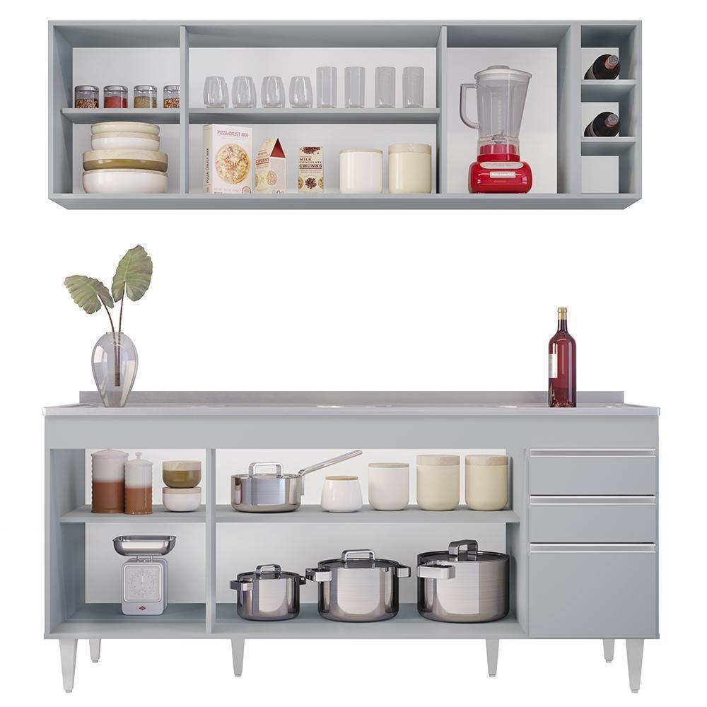 Armário De Cozinha Nevada E Balcão Gabinete 180cm Com Pia Dallas Cinza Claro - Lumil - 7