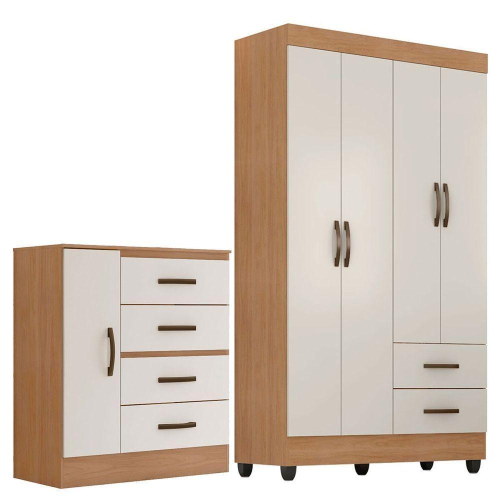 Kit Guarda-roupa Solteiro 4 Portas Com Cômoda Sapateira Lisa Nature/off White - 1