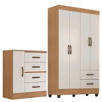 Kit Guarda-roupa Solteiro 4 Portas Com Cômoda Sapateira Lisa Nature/off White - 1