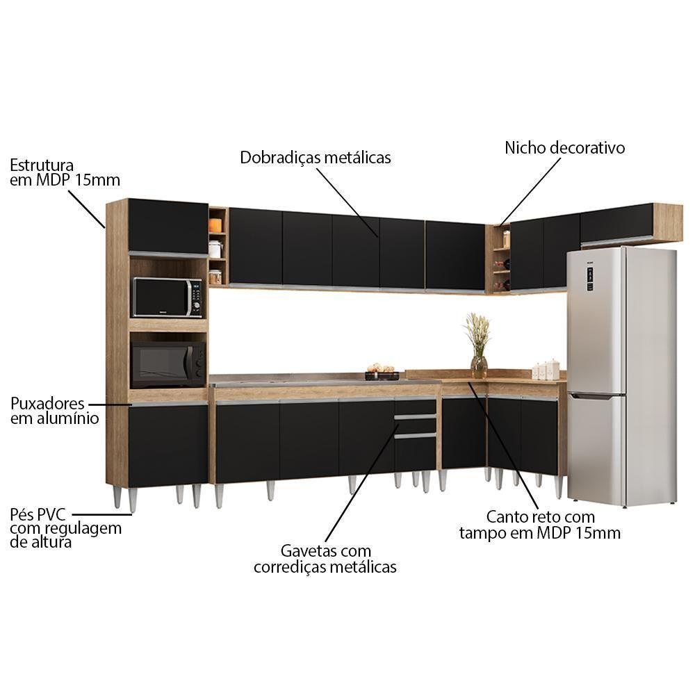 Armário De Cozinha Modulada De Canto 9 Peças Cp06 Balcão Com Pia Inox Castanho/preto - Lumil - 3