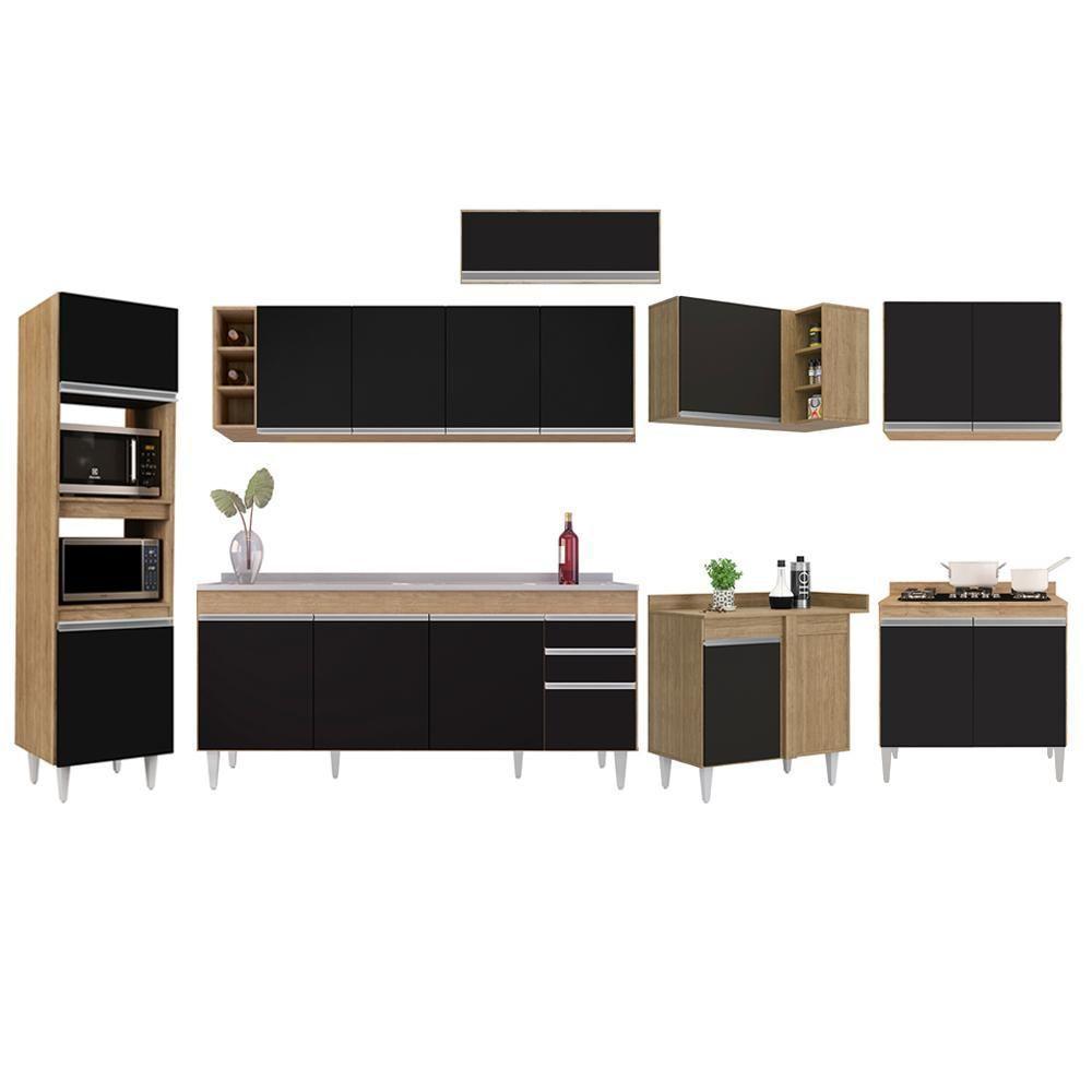 Armário De Cozinha Modulada De Canto 9 Peças Cp06 Balcão Com Pia Inox Castanho/preto - Lumil - 6