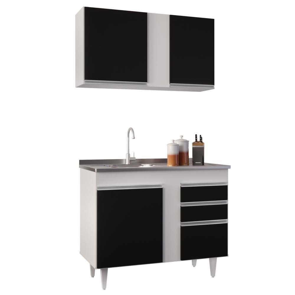 Armário Aéreo Indiana E Balcão Gabinete 100cm Com Pia Inox Luziania Branco-preto - Lumil - 1