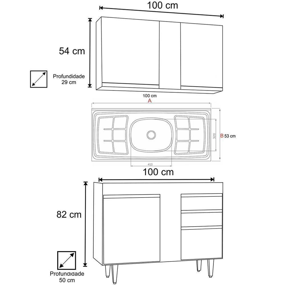 Armário Aéreo Indiana E Balcão Gabinete 100cm Com Pia Inox Luziania Branco-preto - Lumil - 4