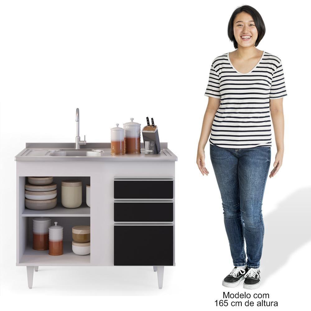 Armário Aéreo Indiana E Balcão Gabinete 100cm Com Pia Inox Luziania Branco-preto - Lumil - 5