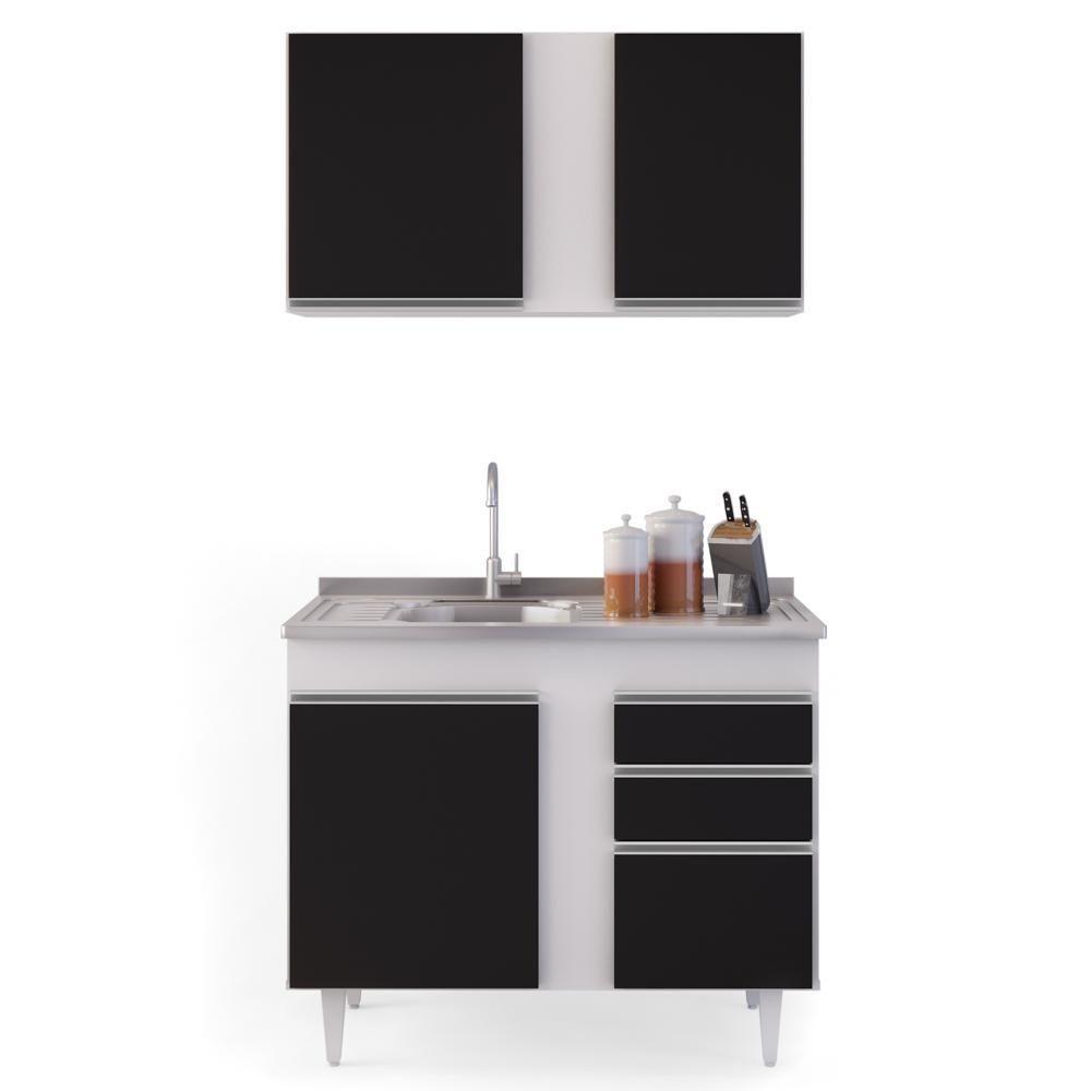 Armário Aéreo Indiana E Balcão Gabinete 100cm Com Pia Inox Luziania Branco-preto - Lumil - 7
