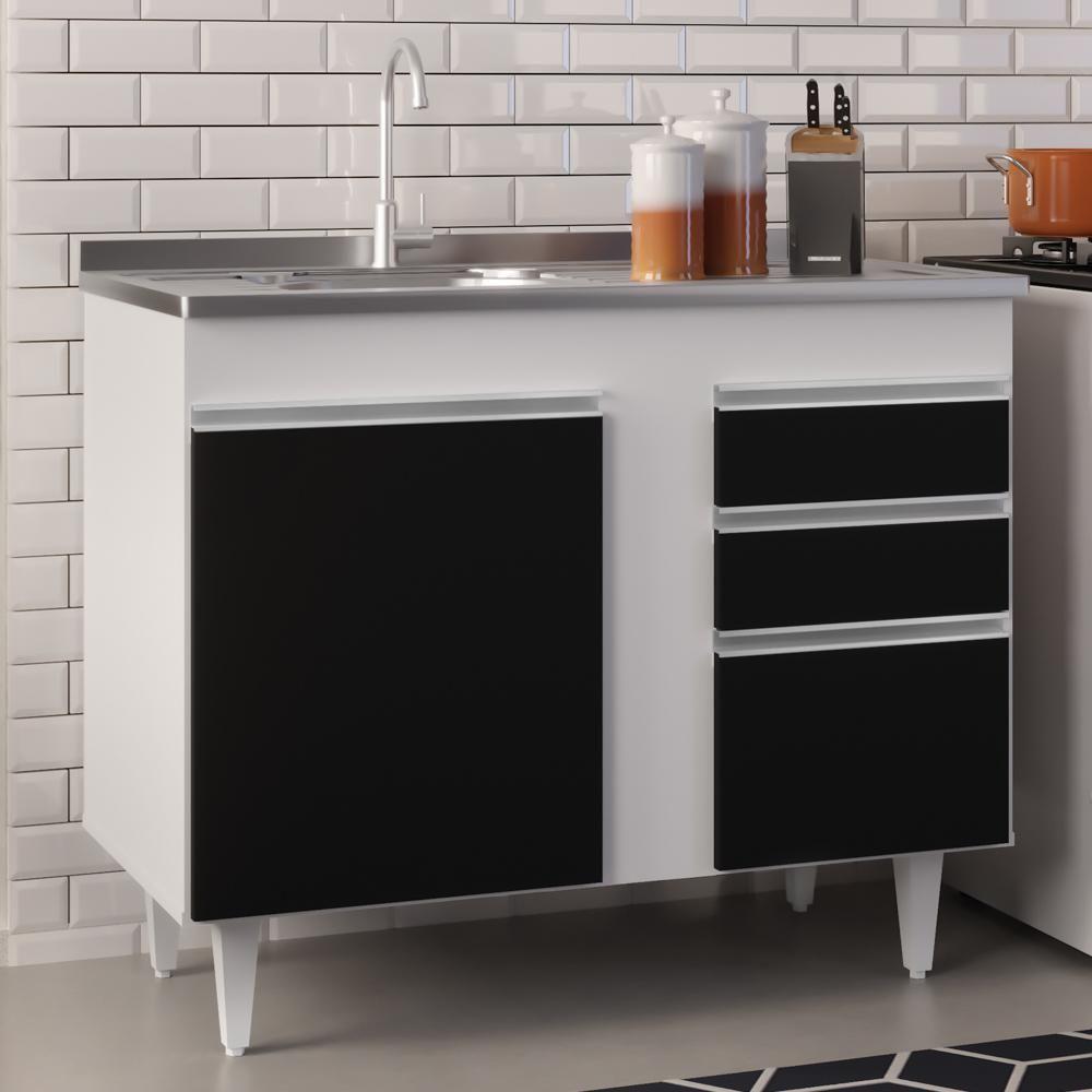 Armário Aéreo Indiana E Balcão Gabinete 100cm Com Pia Inox Luziania Branco-preto - Lumil - 9