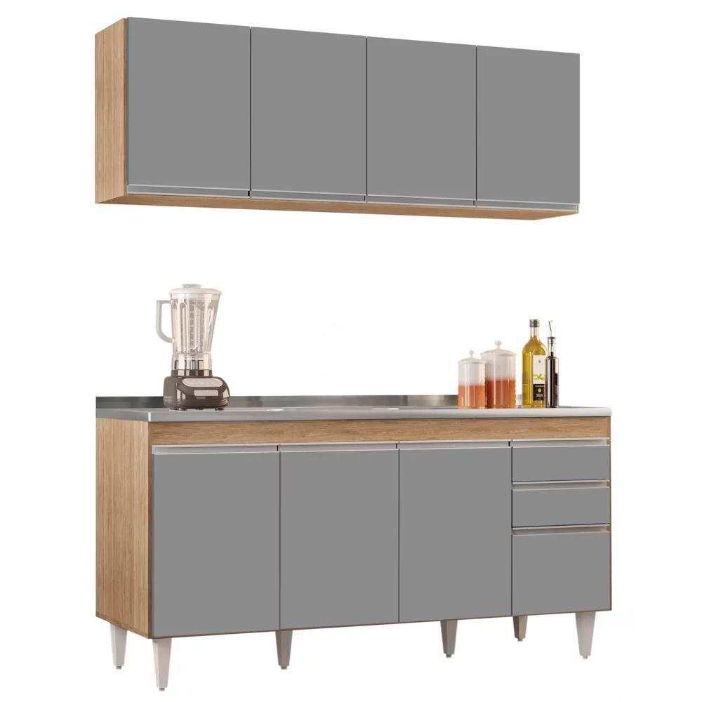 Armário Aéreo Nevada E Balcão Gabinete Com Pia 160cm Arkansas Castanho-cinza - Lumil - 1