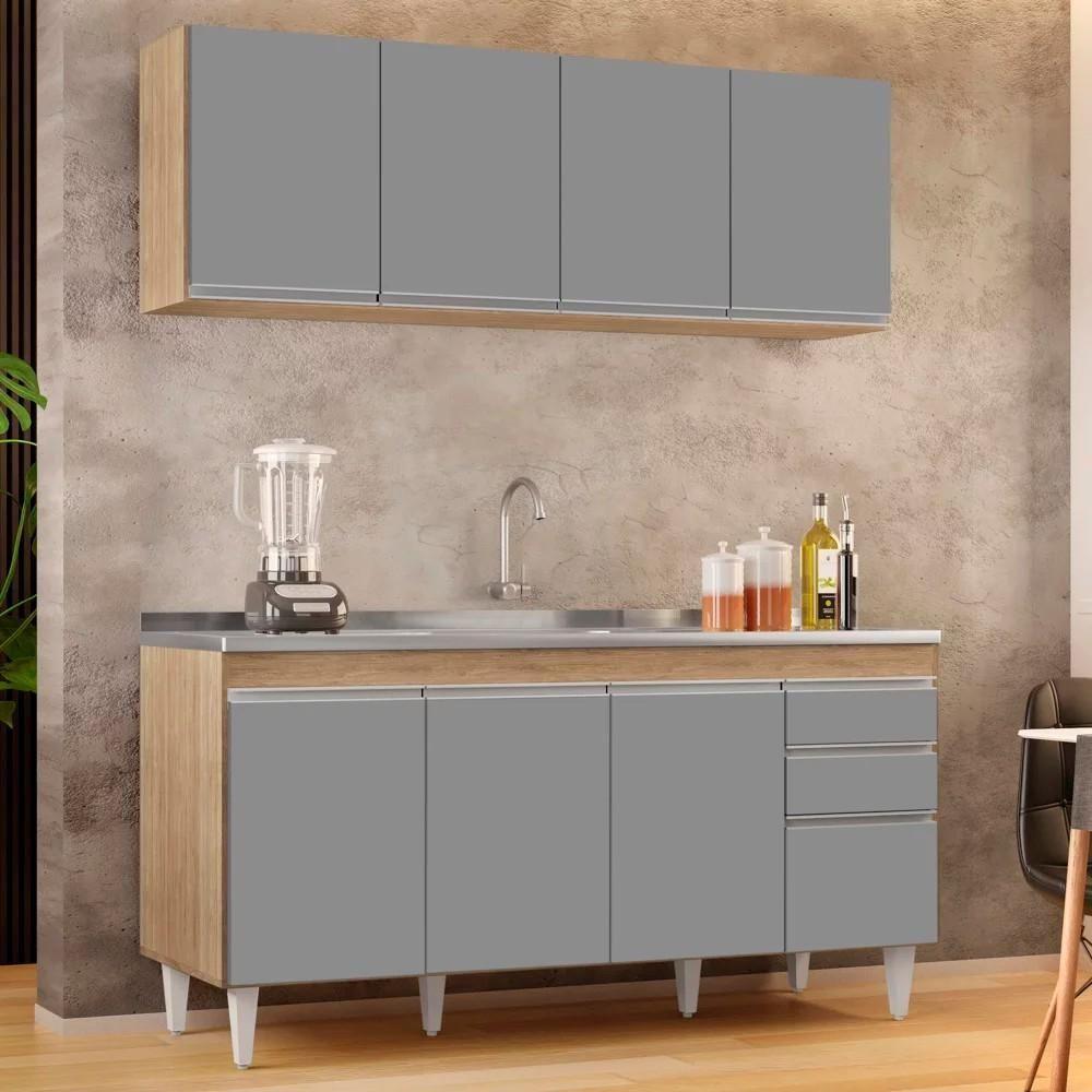 Armário Aéreo Nevada E Balcão Gabinete Com Pia 160cm Arkansas Castanho-cinza - Lumil - 2