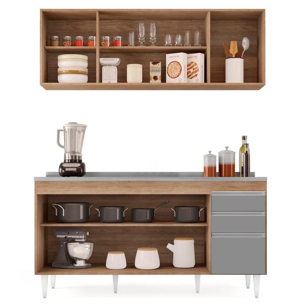 Armário Aéreo Nevada E Balcão Gabinete Com Pia 160cm Arkansas Castanho-cinza - Lumil - 3