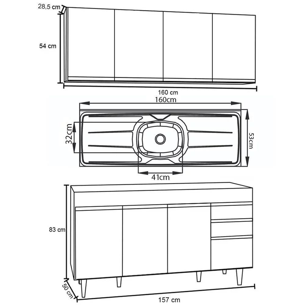 Armário Aéreo Nevada E Balcão Gabinete Com Pia 160cm Arkansas Castanho-cinza - Lumil - 4
