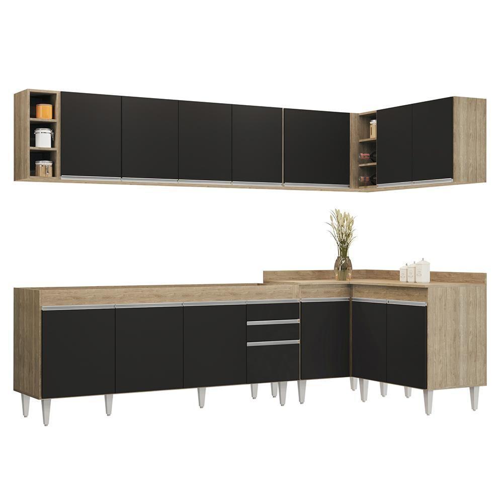 Armário De Cozinha Modulado De Canto 7 Peças Cp34 Balcão Sem Tampo Castanho/preto - Lumil - 1