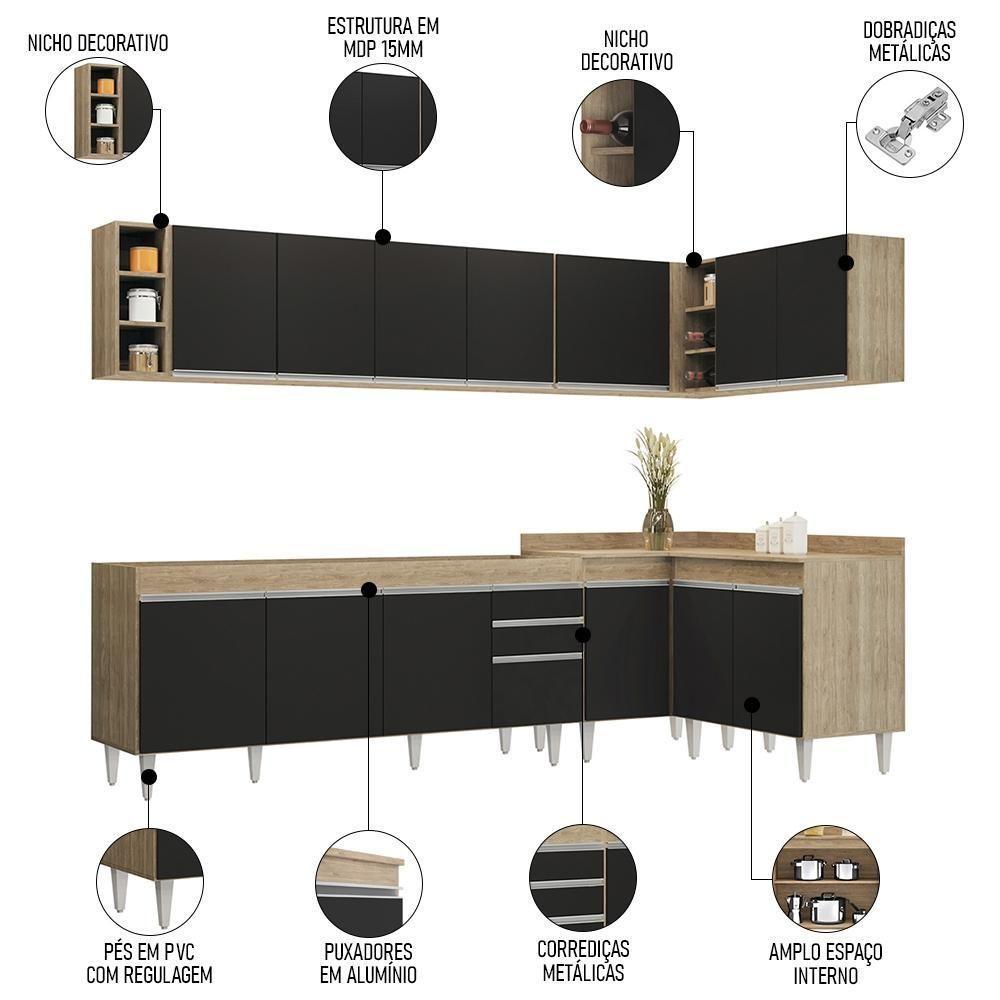 Armário De Cozinha Modulado De Canto 7 Peças Cp34 Balcão Sem Tampo Castanho/preto - Lumil - 3