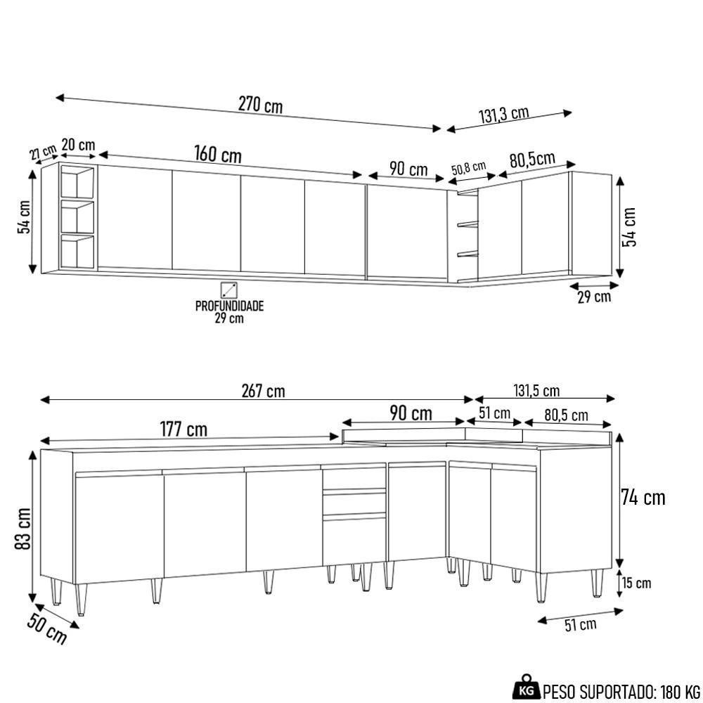 Armário De Cozinha Modulado De Canto 7 Peças Cp34 Balcão Sem Tampo Castanho/preto - Lumil - 4