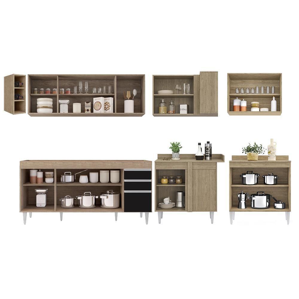 Armário De Cozinha Modulado De Canto 7 Peças Cp34 Balcão Sem Tampo Castanho/preto - Lumil - 6