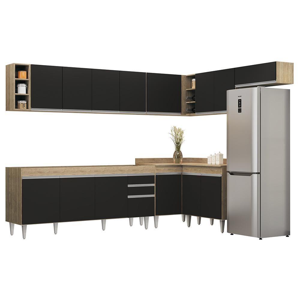 Armário De Cozinha Modulado De Canto 8 Peças Cp25 Balcão Sem Tampo Castanho/preto - Lumil - 1