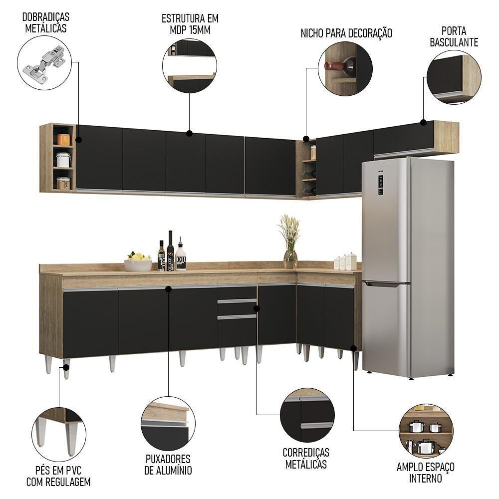 Armário De Cozinha Modulado De Canto 8 Peças Cp25 Balcão Sem Tampo Castanho/preto - Lumil - 3