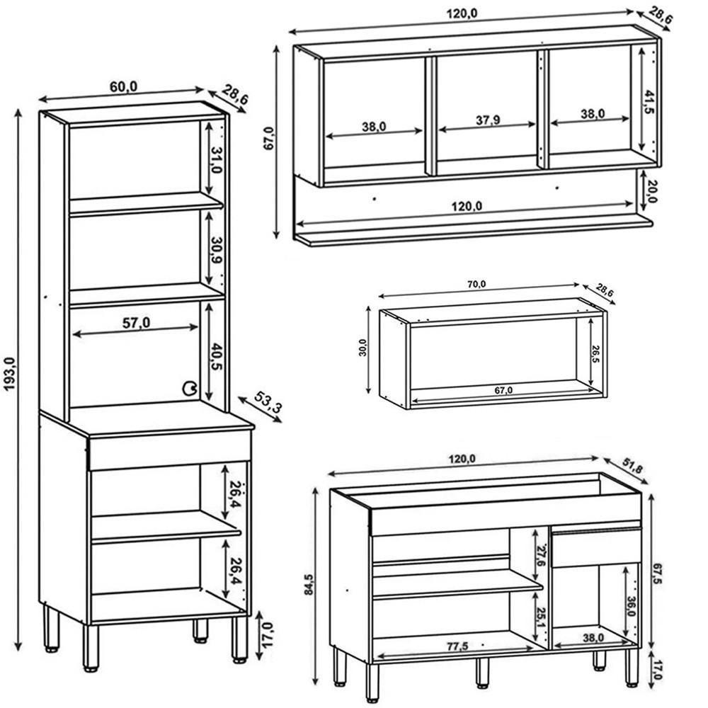 Armário De Cozinha 4 Peças Balcão Sem Tampo 120cm Lina04 K02 Supremo-freijó - Mpozenato - 4