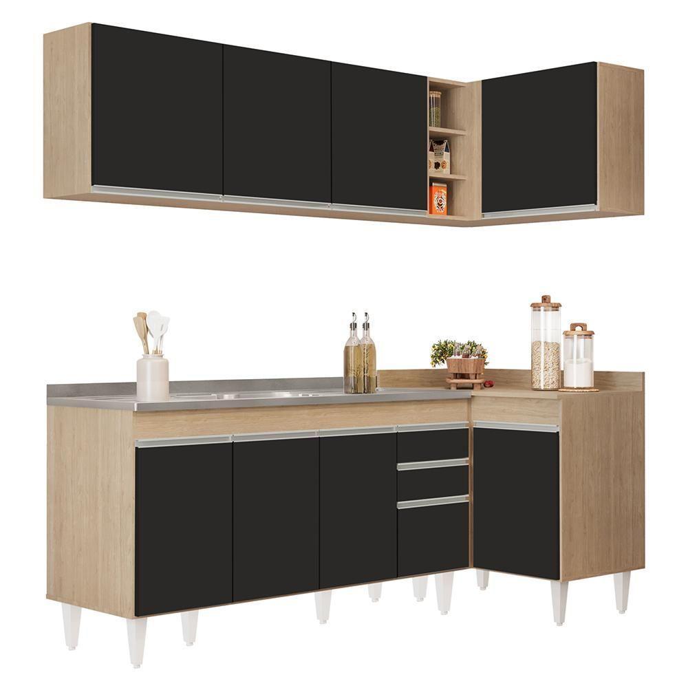 Armário De Cozinha Modulado De Canto Esquerdo 4 Peças Cp51 Com Pia Inox Castanho/preto - Lumil - 1