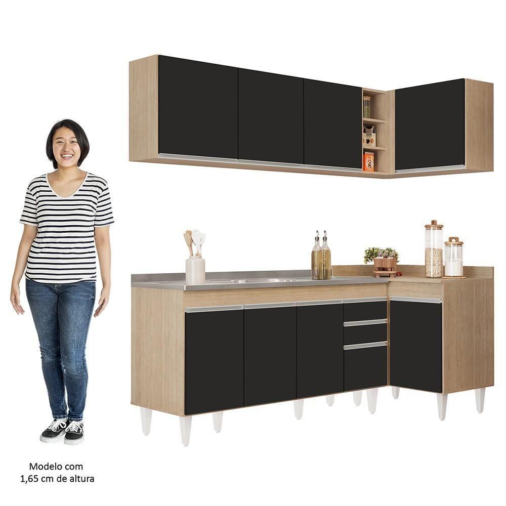Armário De Cozinha Modulado De Canto Esquerdo 4 Peças Cp51 Com Pia Inox Castanho/preto - Lumil - 5