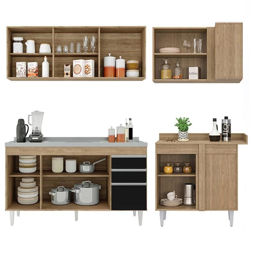 Armário De Cozinha Modulado De Canto Esquerdo 4 Peças Cp51 Com Pia Inox Castanho/preto - Lumil - 6