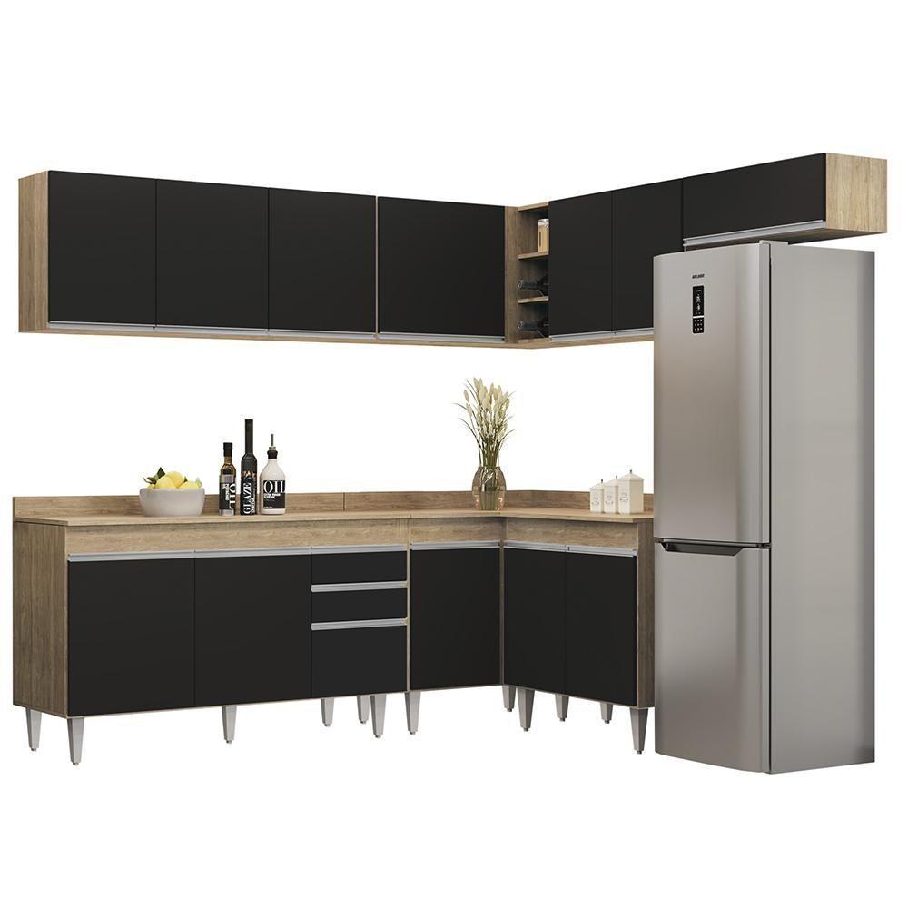 Armário De Cozinha Modulado De Canto 7 Peças Cp23 Balcão Com Tampo Castanho/preto - Lumil - 1