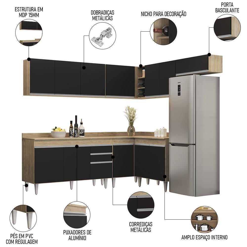 Armário De Cozinha Modulado De Canto 7 Peças Cp23 Balcão Com Tampo Castanho/preto - Lumil - 3