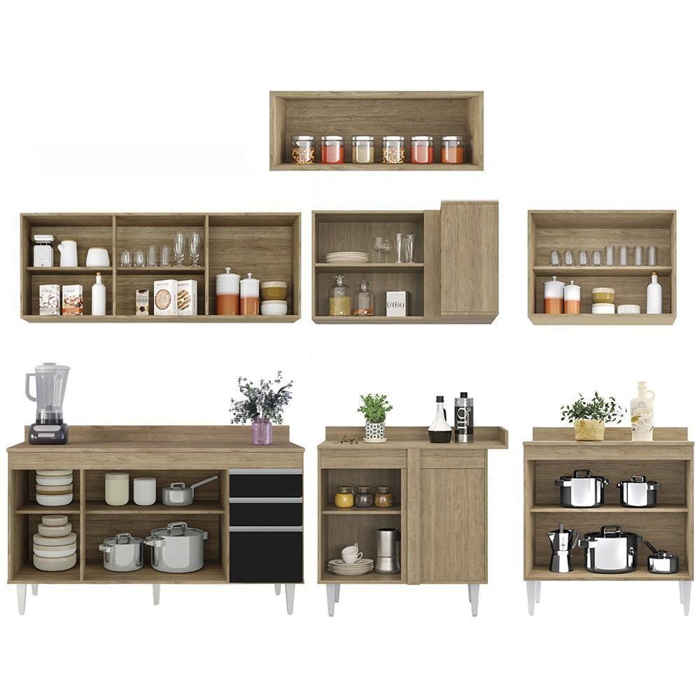 Armário De Cozinha Modulado De Canto 7 Peças Cp23 Balcão Com Tampo Castanho/preto - Lumil - 6