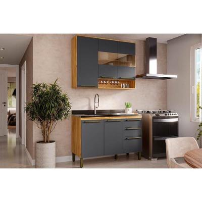 Cozinha Completa 2 Peças Nápoli Prime MDF 3 Portas 2 Gavetas 120cm Amêndoa Grafite
