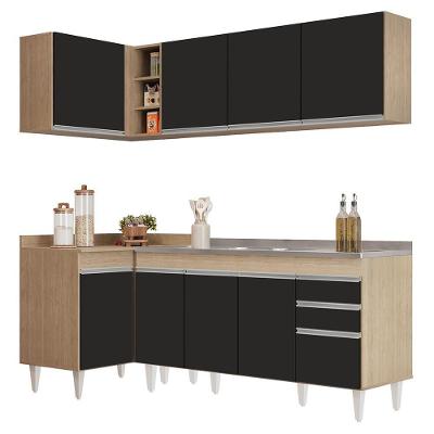 Armário De Cozinha Modulado De Canto Direito 4 Peças Cp42 Com Pia Inox Castanho/preto - Lumil