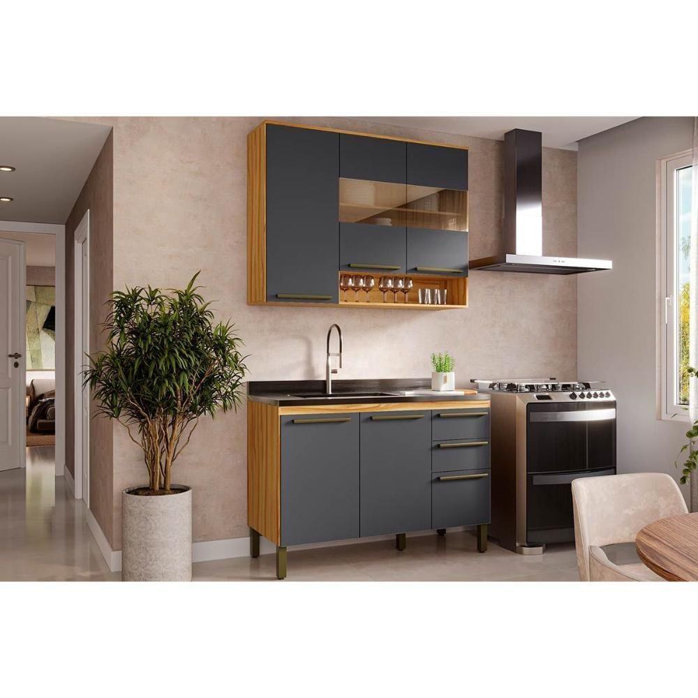 Kit Cozinha Modulada 2 Peças Nápoli Prime 1 Aéreo + 1 Balcão C2p99 Amendoa Grafite Ronipa - 1
