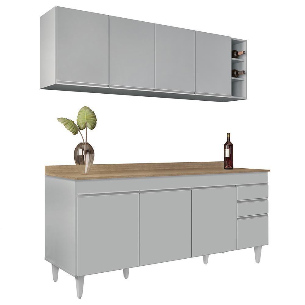 Armário De Cozinha Nevada E Balcão 180cm Com Tampo Dallas Cinza Claro/castanho - Lumil - 1
