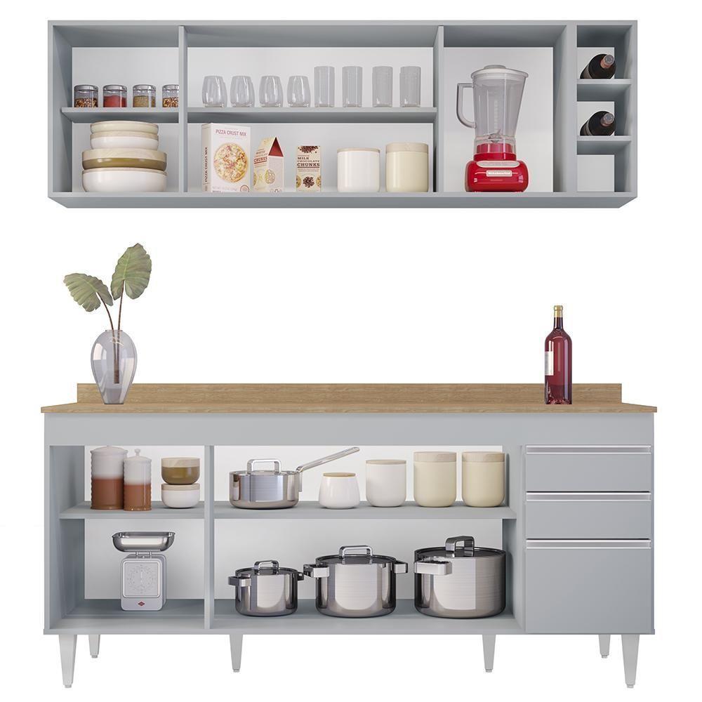 Armário De Cozinha Nevada E Balcão 180cm Com Tampo Dallas Cinza Claro/castanho - Lumil - 3