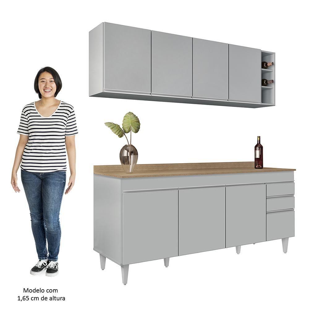 Armário De Cozinha Nevada E Balcão 180cm Com Tampo Dallas Cinza Claro/castanho - Lumil - 5