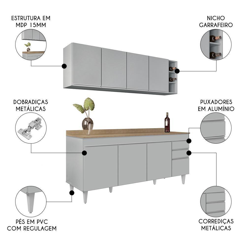 Armário De Cozinha Nevada E Balcão 180cm Com Tampo Dallas Cinza Claro/castanho - Lumil - 7
