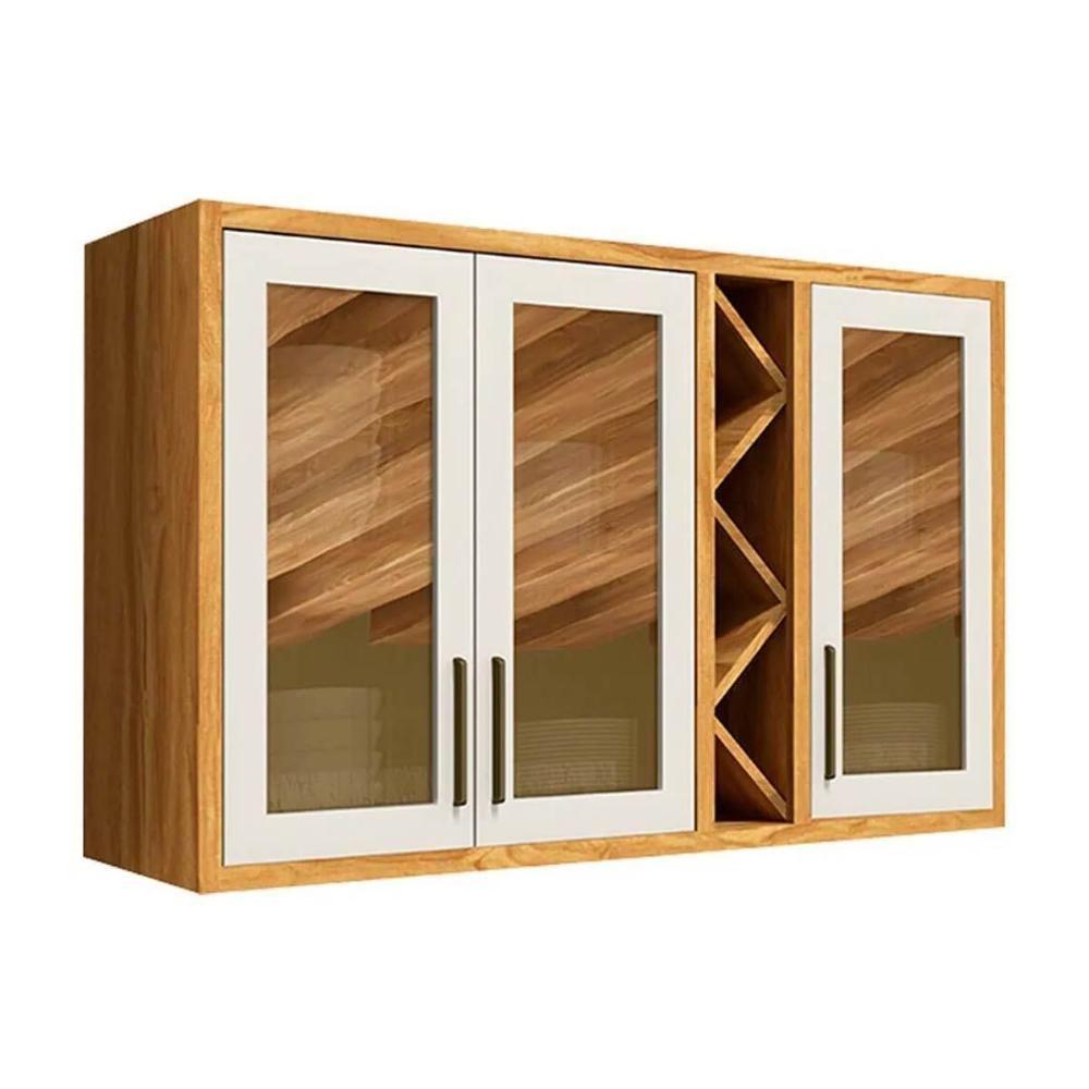 Armário Aéreo Cozinha Modulado Tempranillo Com 3 Portas Com Vidro Reflecta 120cm Amendoa-off White - Ronipa - 1