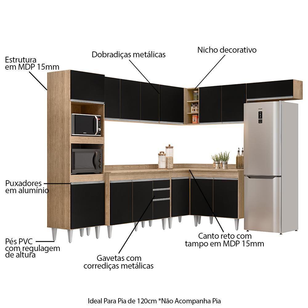 Armário De Cozinha Modulada De Canto 8 Peças Cp02 Balcão Com Tampo Castanho/preto - Lumil - 3
