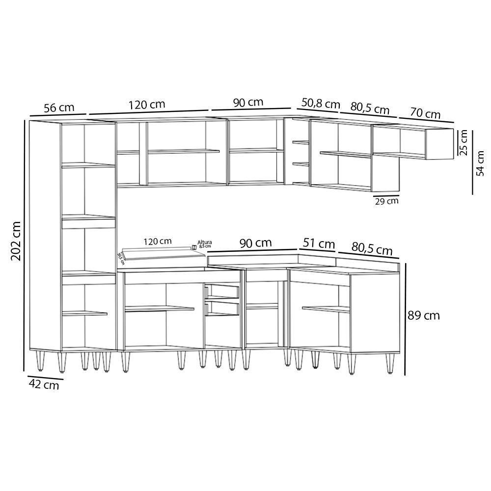 Armário De Cozinha Modulada De Canto 8 Peças Cp02 Balcão Com Tampo Castanho/preto - Lumil - 4