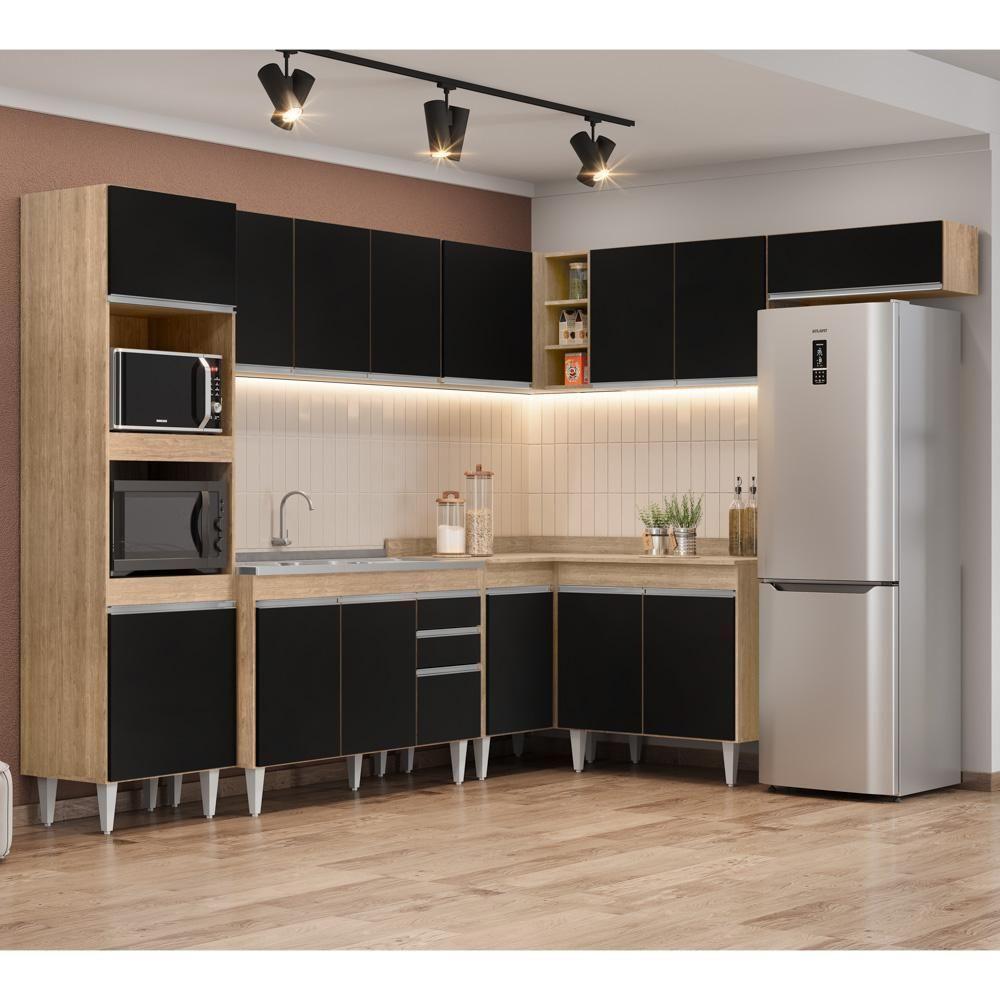 Armário De Cozinha Modulada De Canto 8 Peças Cp03 Balcão Com Pia Inox Castanho/preto - Lumil - 2