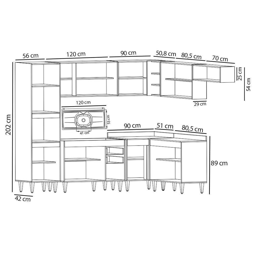 Armário De Cozinha Modulada De Canto 8 Peças Cp03 Balcão Com Pia Inox Castanho/preto - Lumil - 4