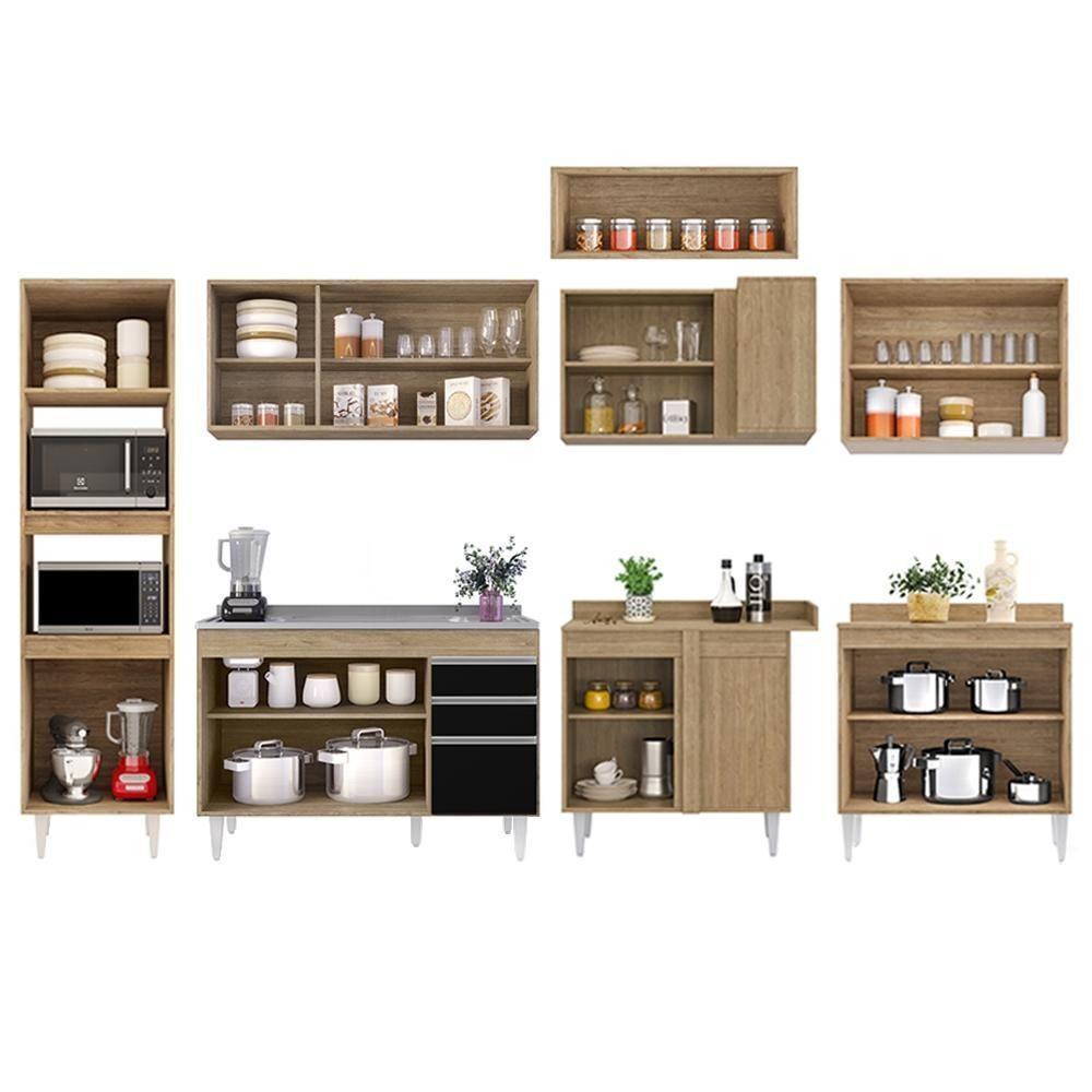 Armário De Cozinha Modulada De Canto 8 Peças Cp03 Balcão Com Pia Inox Castanho/preto - Lumil - 5