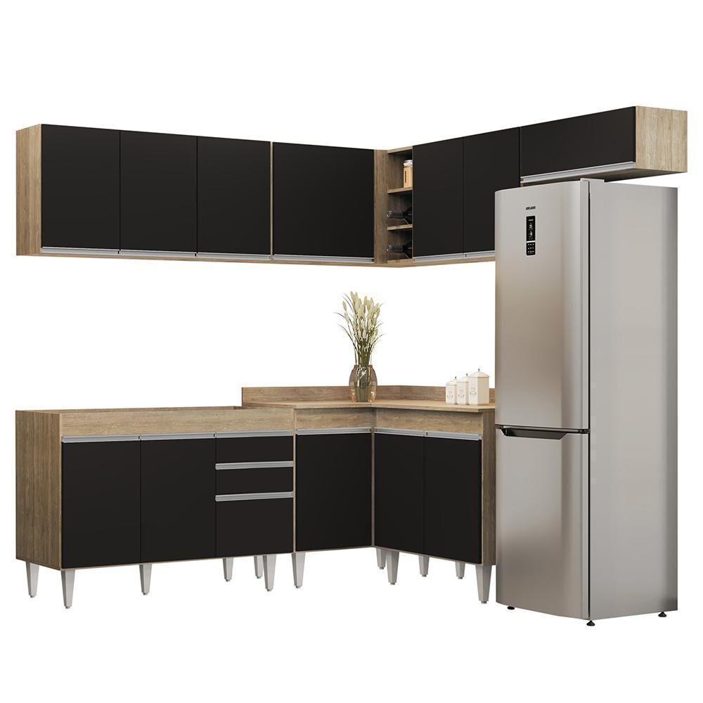 Armário De Cozinha Modulado De Canto 7 Peças Cp19 Balcão Sem Tampo Castanho/preto - Lumil - 1