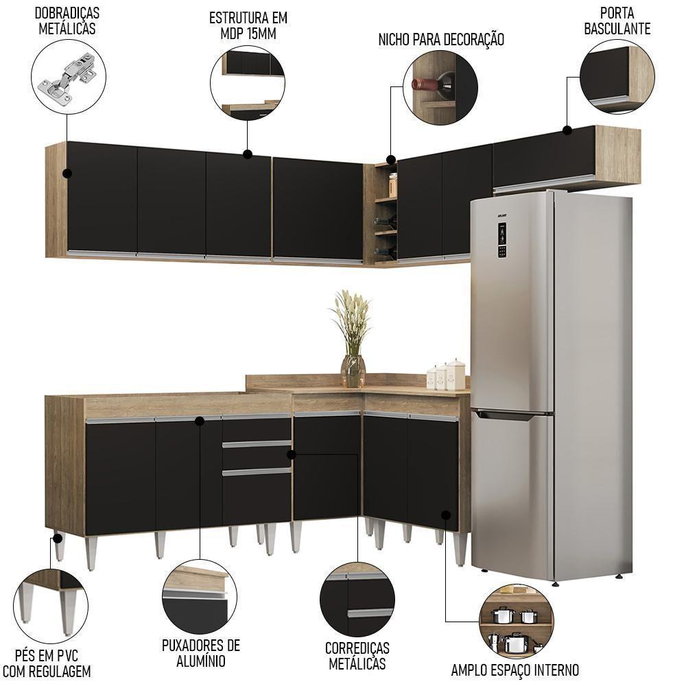 Armário De Cozinha Modulado De Canto 7 Peças Cp19 Balcão Sem Tampo Castanho/preto - Lumil - 3