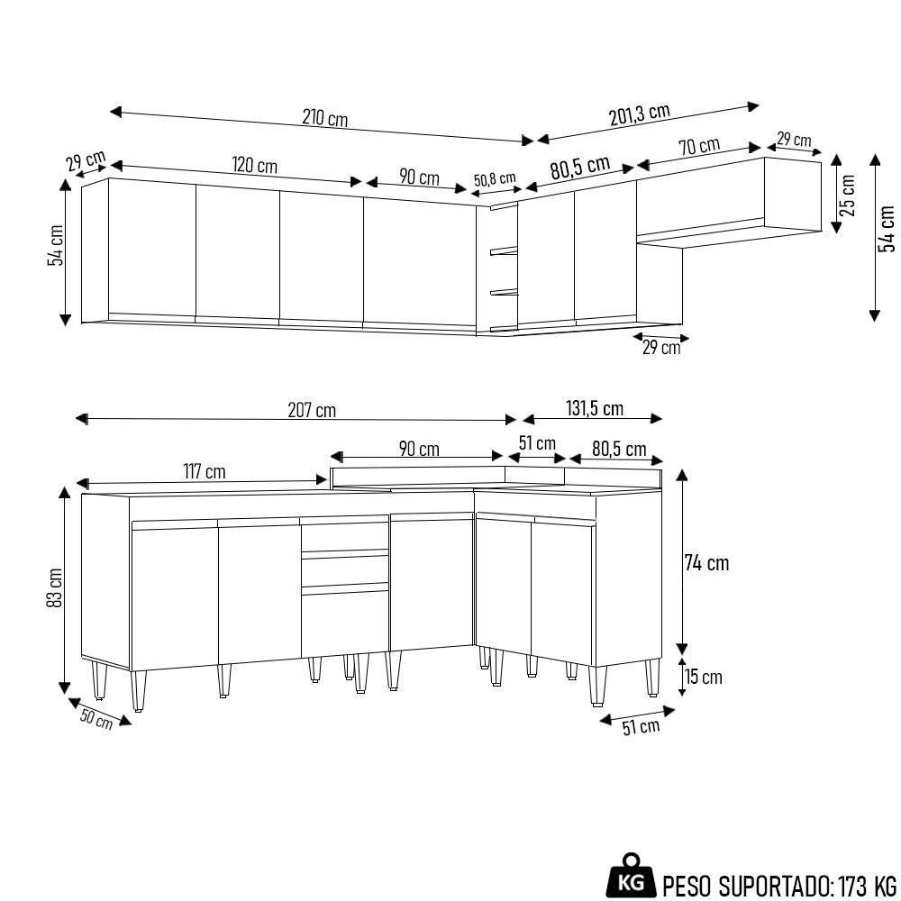 Armário De Cozinha Modulado De Canto 7 Peças Cp19 Balcão Sem Tampo Castanho/preto - Lumil - 4