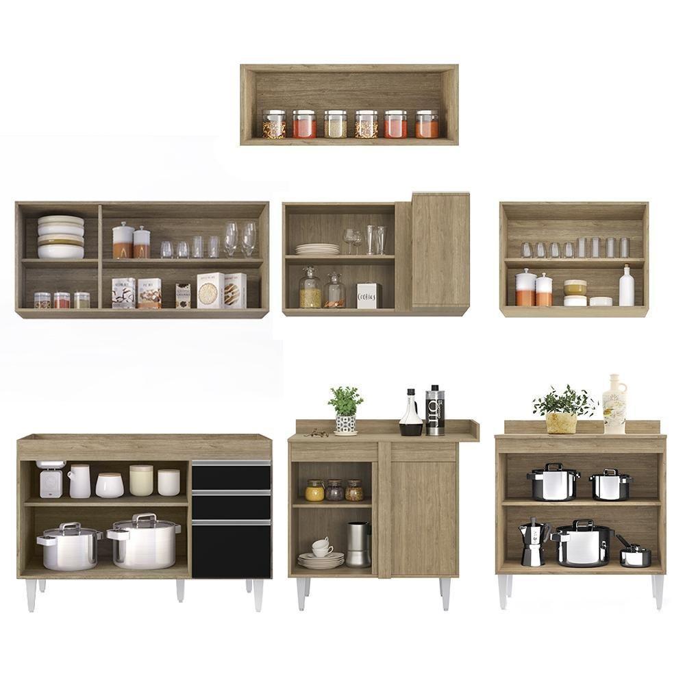 Armário De Cozinha Modulado De Canto 7 Peças Cp19 Balcão Sem Tampo Castanho/preto - Lumil - 6