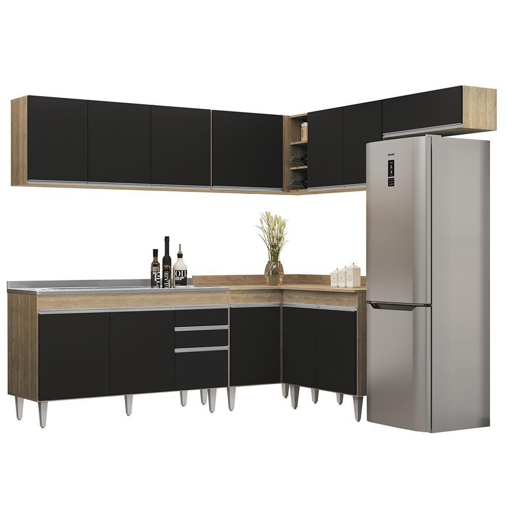 Armário De Cozinha Modulado De Canto 7 Peças Cp24 Com Pia Inox Castanho/preto - Lumil - 1
