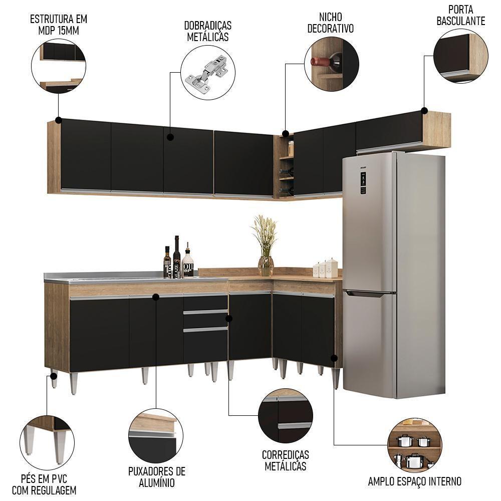 Armário De Cozinha Modulado De Canto 7 Peças Cp24 Com Pia Inox Castanho/preto - Lumil - 3