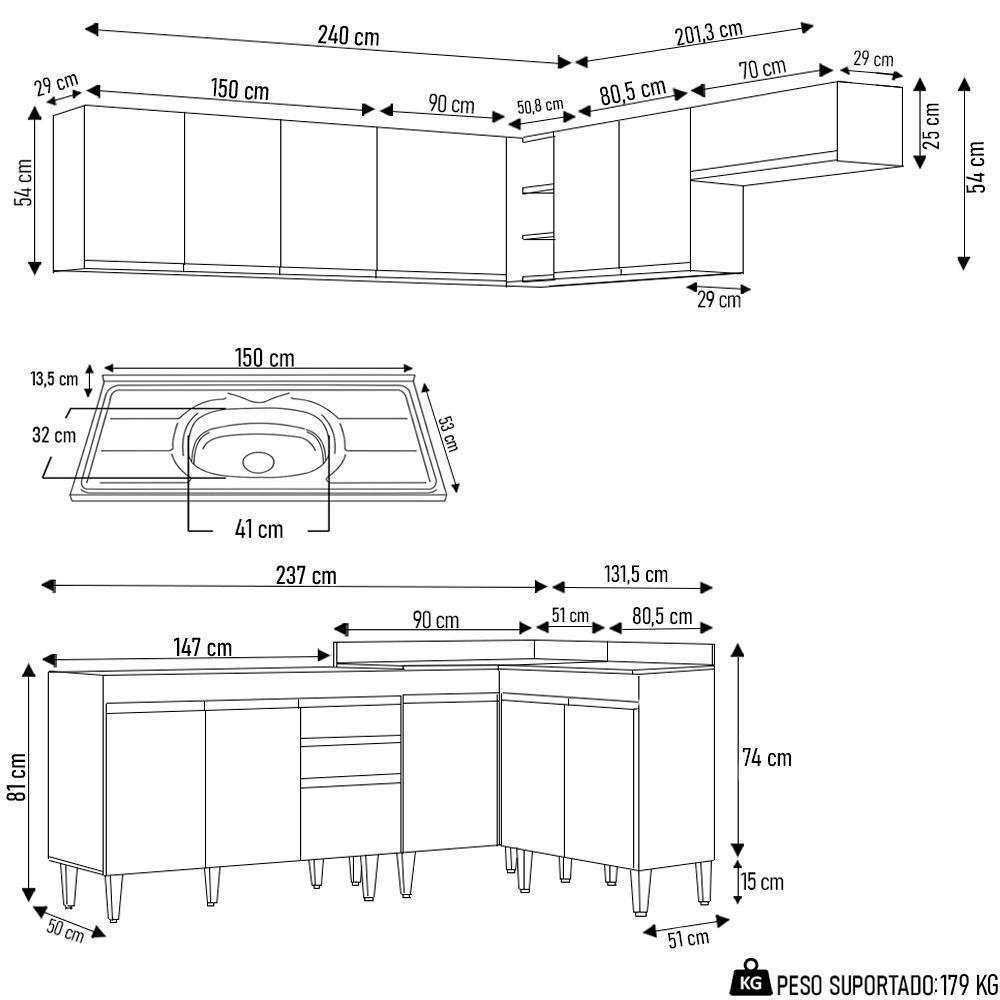Armário De Cozinha Modulado De Canto 7 Peças Cp24 Com Pia Inox Castanho/preto - Lumil - 4