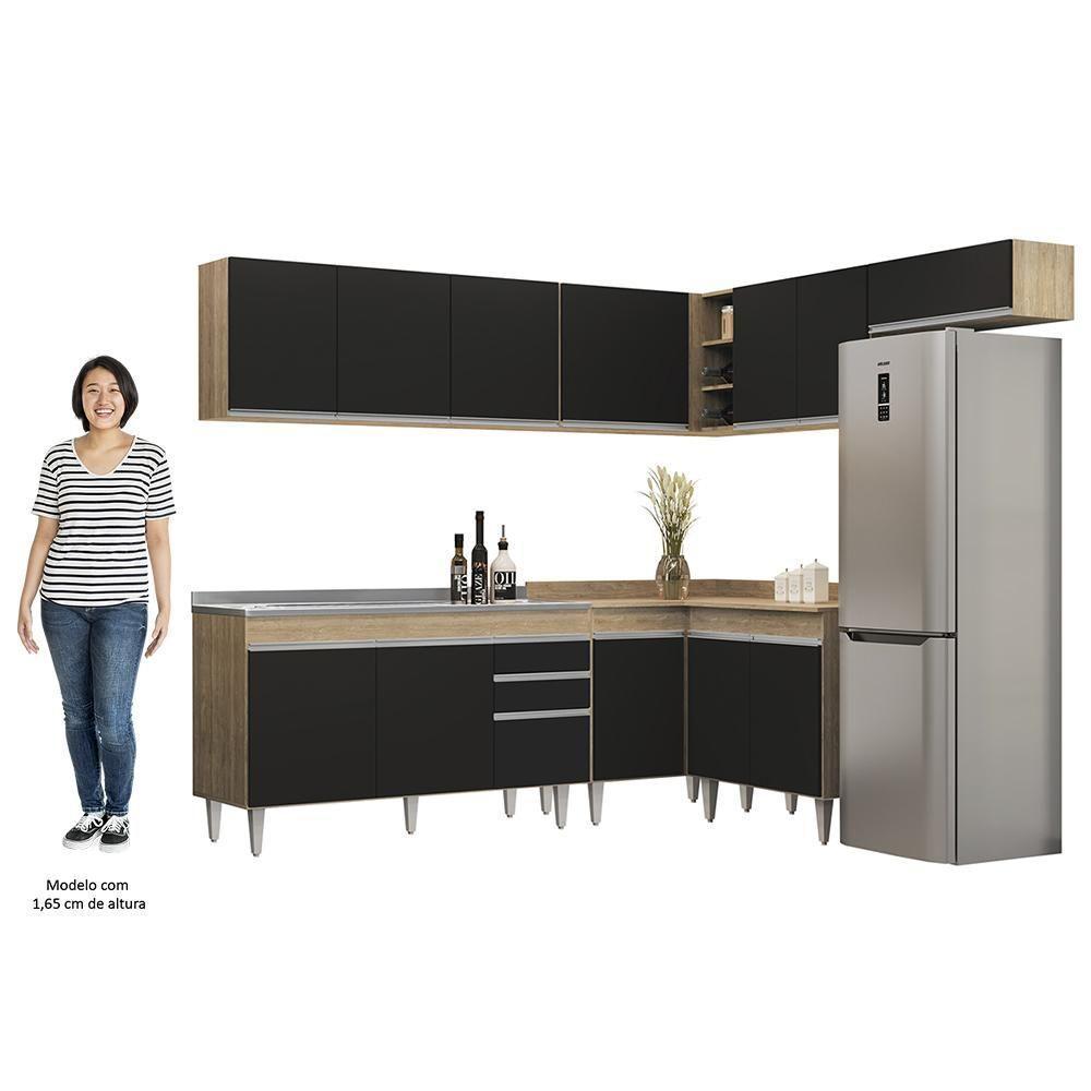 Armário De Cozinha Modulado De Canto 7 Peças Cp24 Com Pia Inox Castanho/preto - Lumil - 5